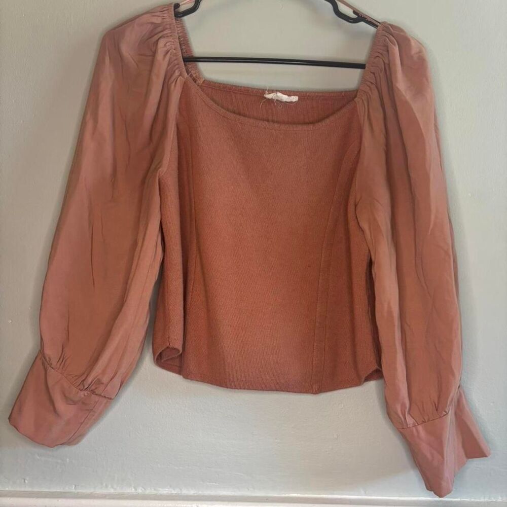 Blu Pepper Rust Puff Sleeve Crop Top Square Neck Boho Cottagecore L